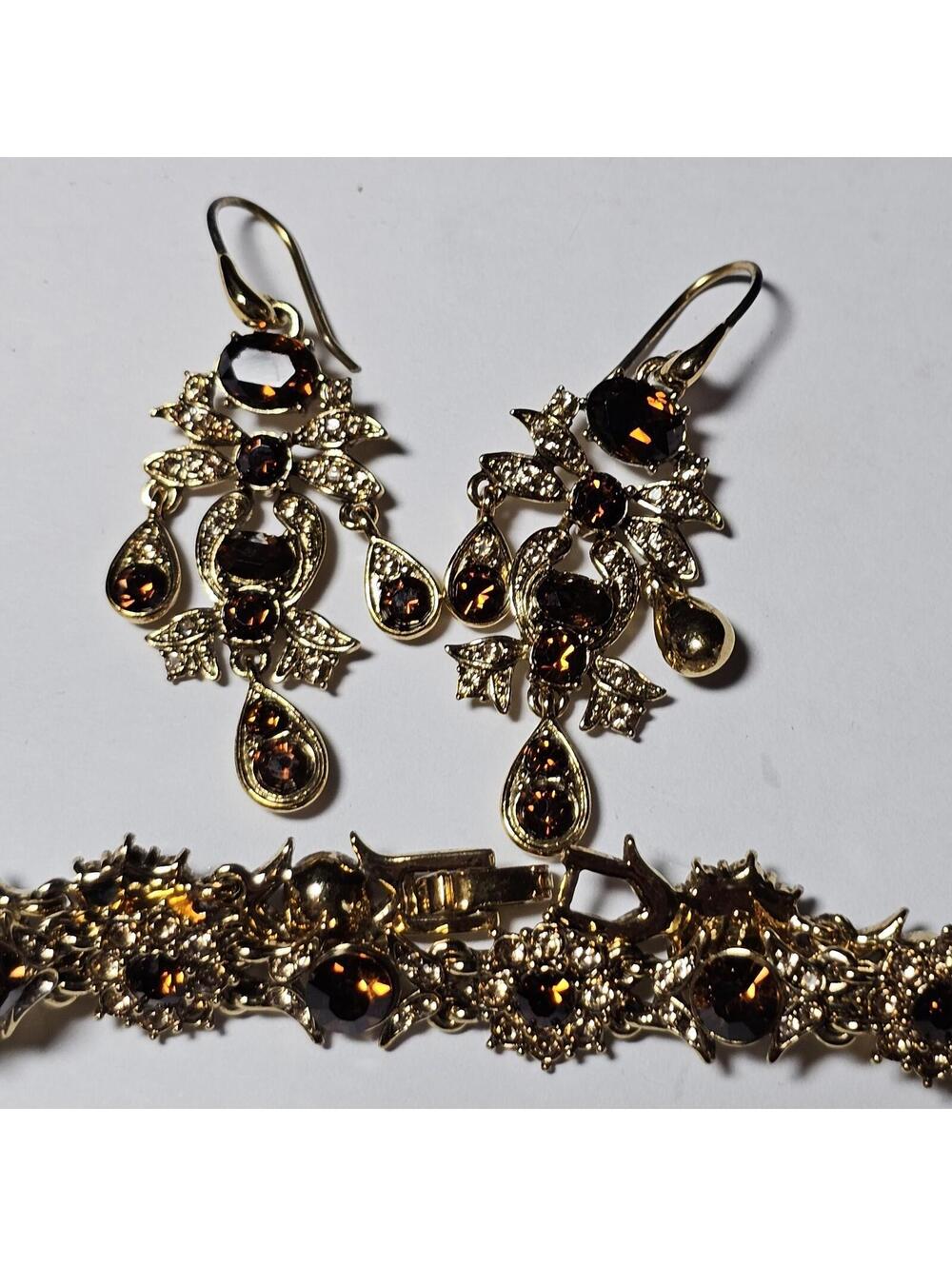 Monet Gold Tone 2" Chandelier Earrings Glass Teardrop 7" Tennis Bracelet Vintage